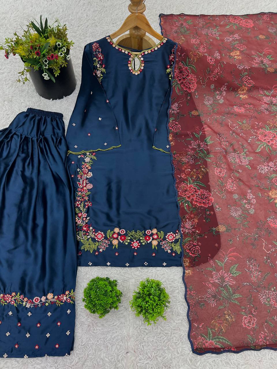 Designer Collection In Natural Crep Silk Top-Bottom And Dupatta Set Fully Stitched Ready To Wear