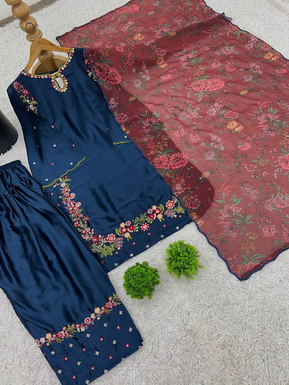 Designer Collection In Natural Crep Silk Top-Bottom And Dupatta Set Fully Stitched Ready To Wear