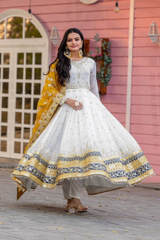 Heavy Faux Georgette Gown,Dupatta & Bottom Set single available wholesale