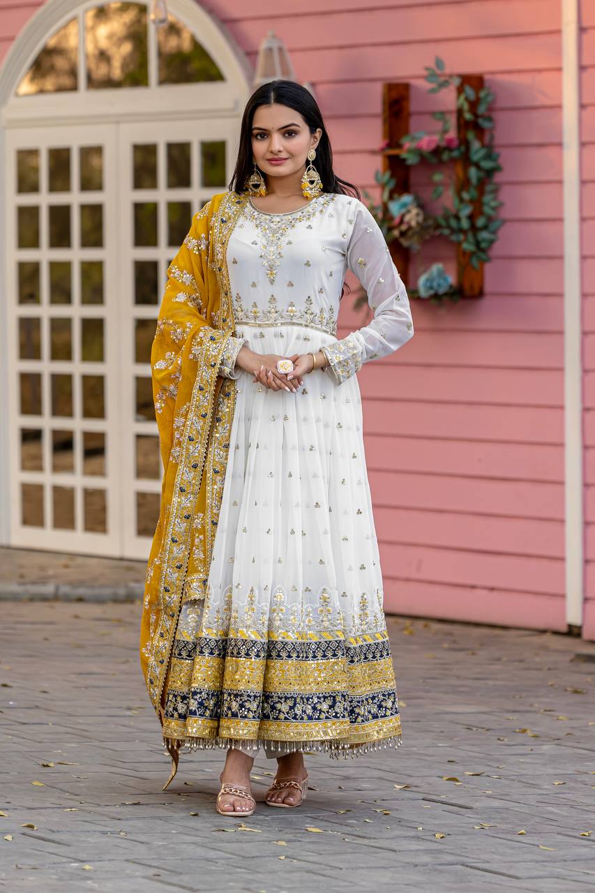 Heavy Faux Georgette Gown,Dupatta & Bottom Set single available wholesale