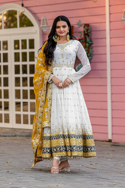 Heavy Faux Georgette Gown,Dupatta & Bottom Set single available wholesale