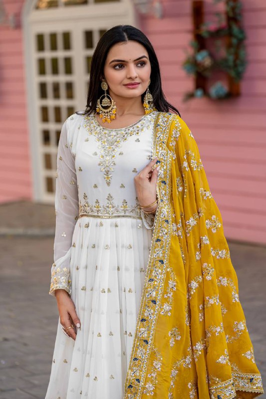 Heavy Faux Georgette Gown,Dupatta & Bottom Set single available wholesale