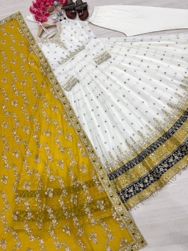 Heavy Faux Georgette Gown,Dupatta & Bottom Set single available wholesale