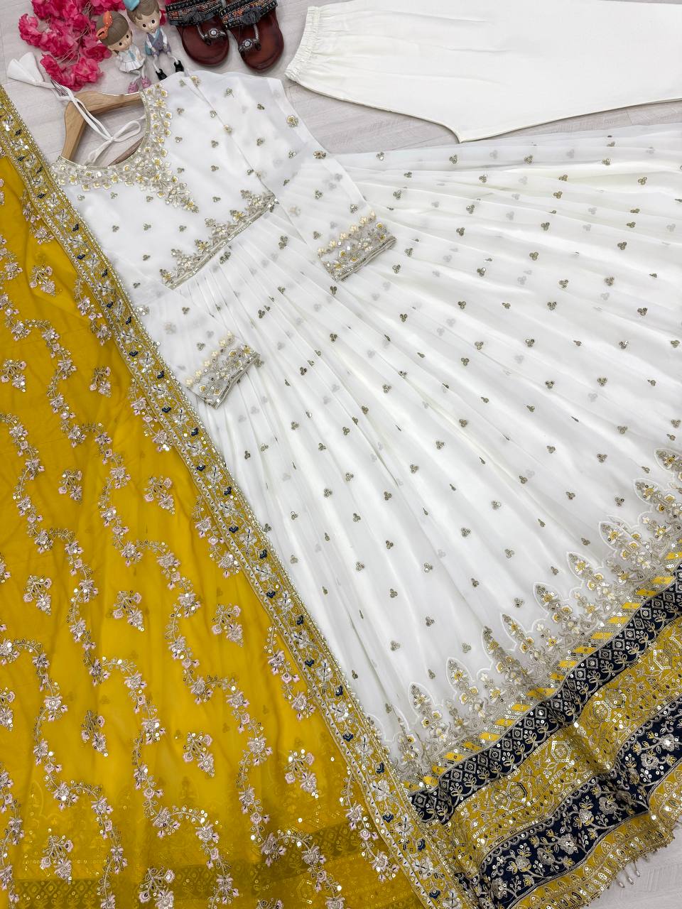 Heavy Faux Georgette Gown,Dupatta & Bottom Set single available wholesale