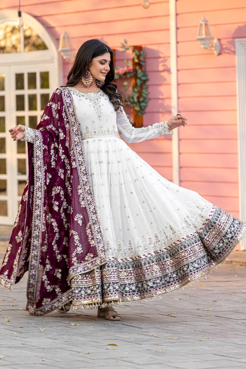 Heavy Faux Georgette Gown,Dupatta & Bottom Set single available wholesale