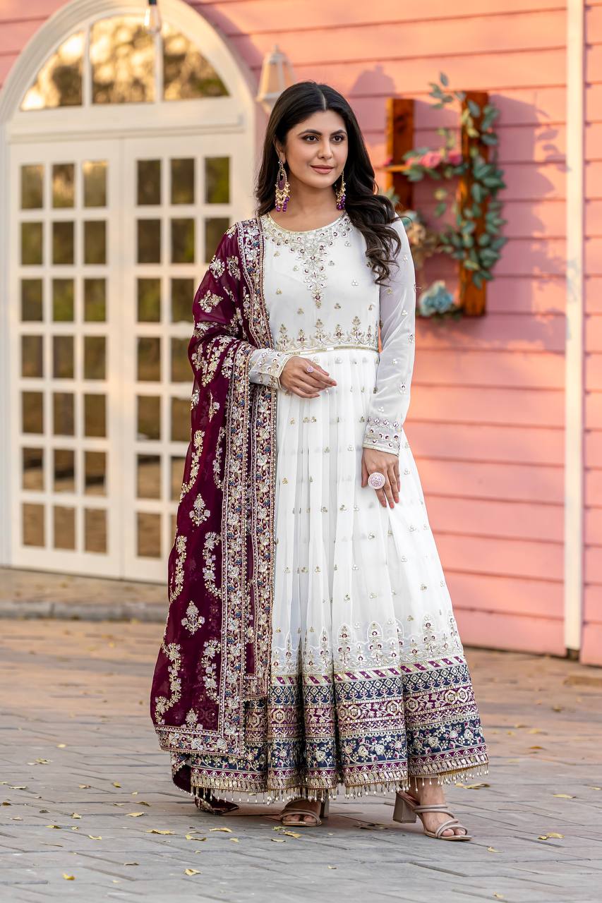 Heavy Faux Georgette Gown,Dupatta & Bottom Set single available wholesale