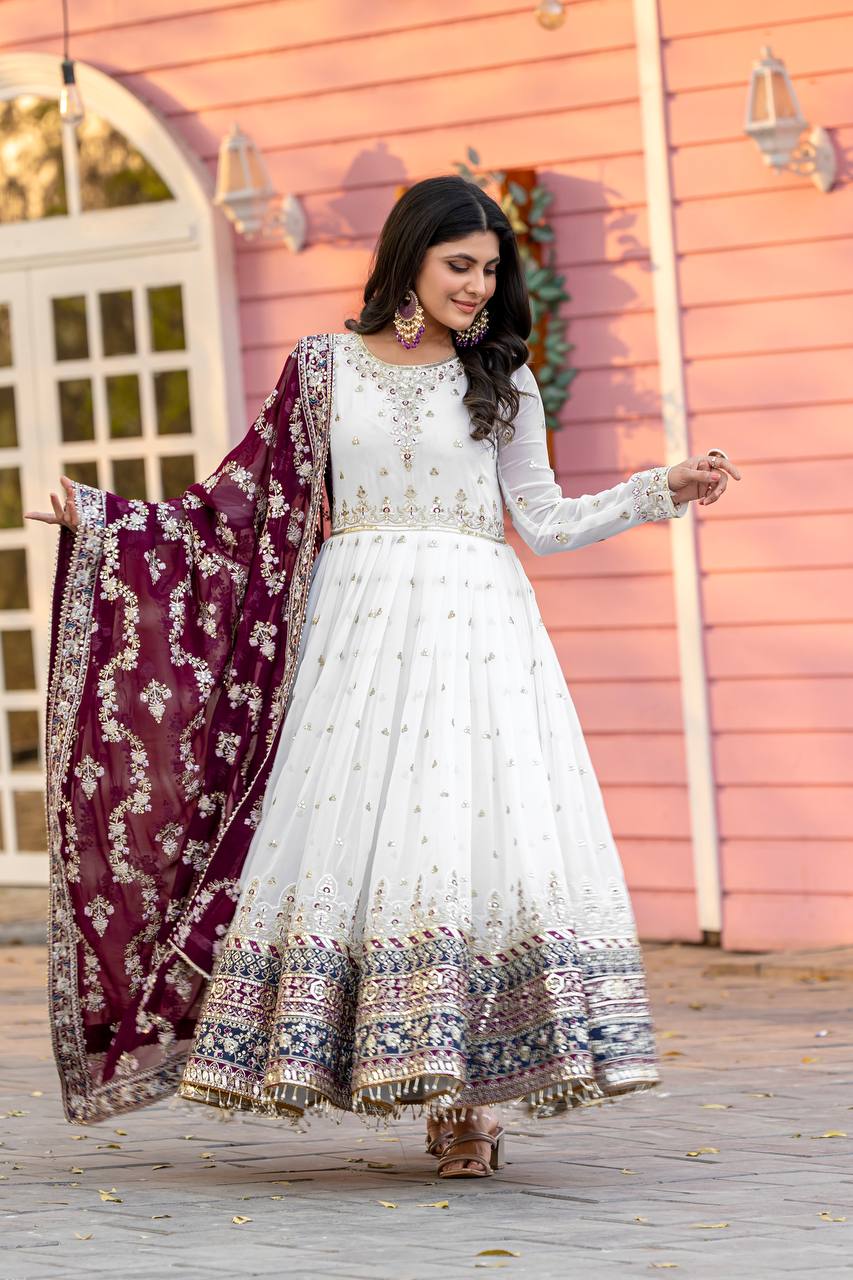 Heavy Faux Georgette Gown,Dupatta & Bottom Set single available wholesale