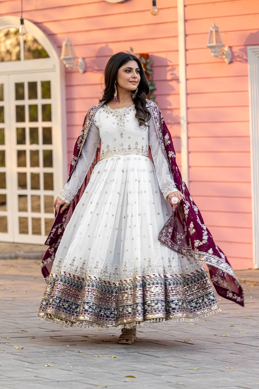 Heavy Faux Georgette Gown,Dupatta & Bottom Set single available wholesale