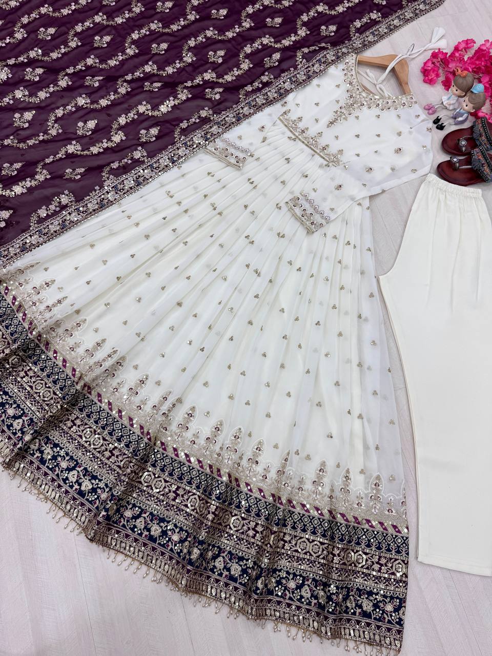 Heavy Faux Georgette Gown,Dupatta & Bottom Set single available wholesale