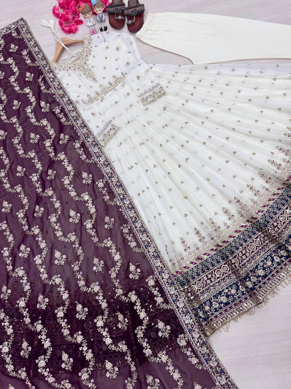 Heavy Faux Georgette Gown,Dupatta & Bottom Set single available wholesale