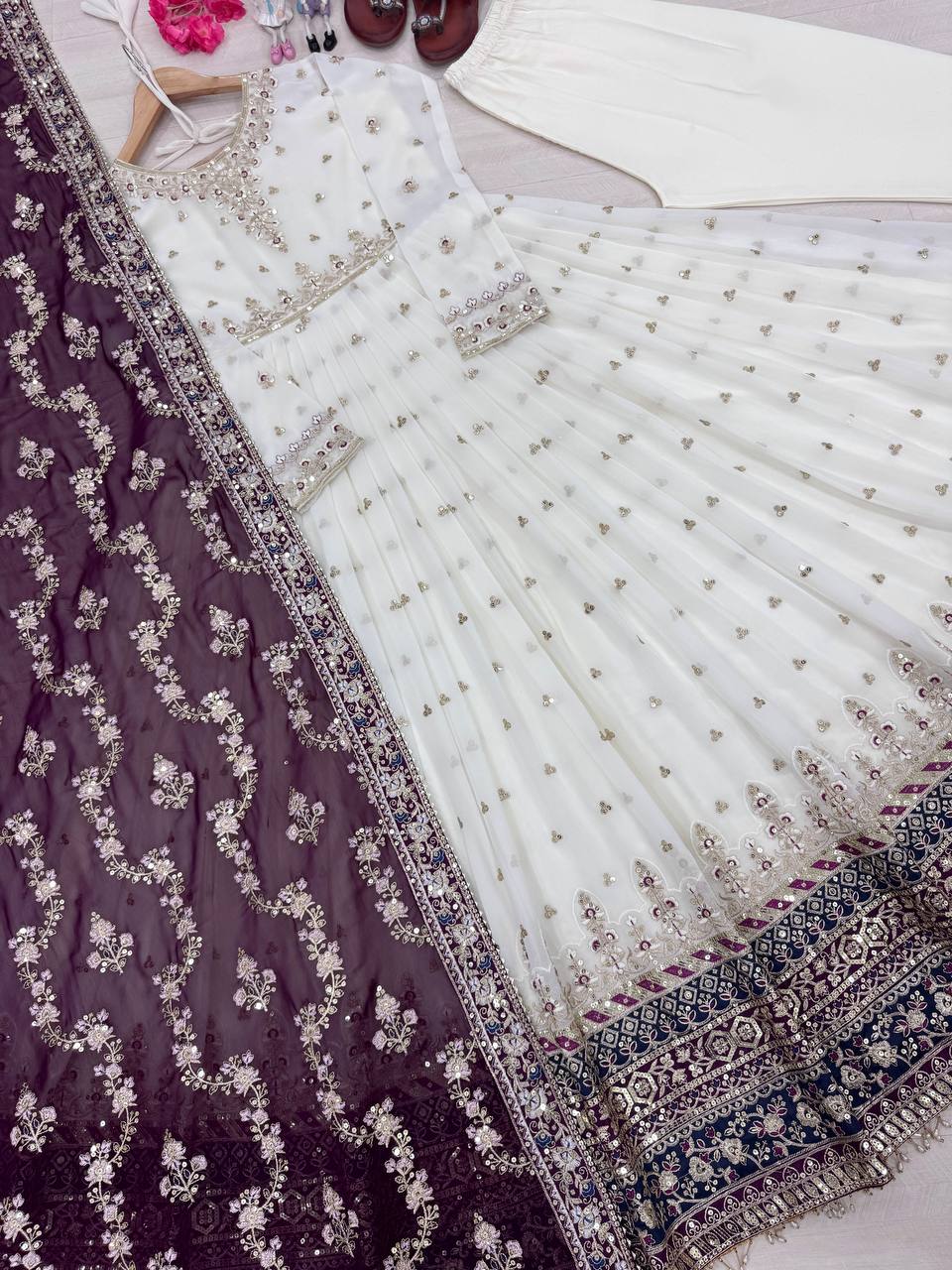 Heavy Faux Georgette Gown,Dupatta & Bottom Set single available wholesale