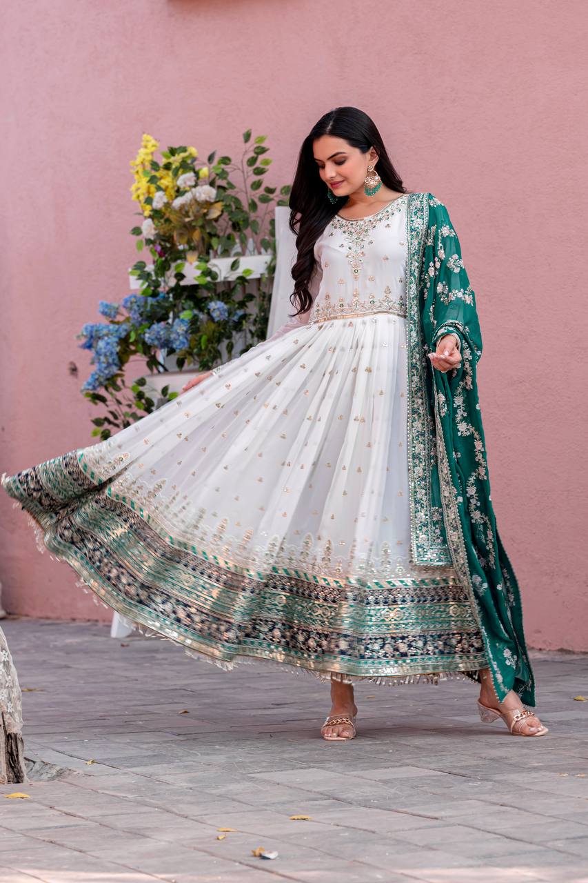 Heavy Faux Georgette Gown,Dupatta & Bottom Set single available wholesale