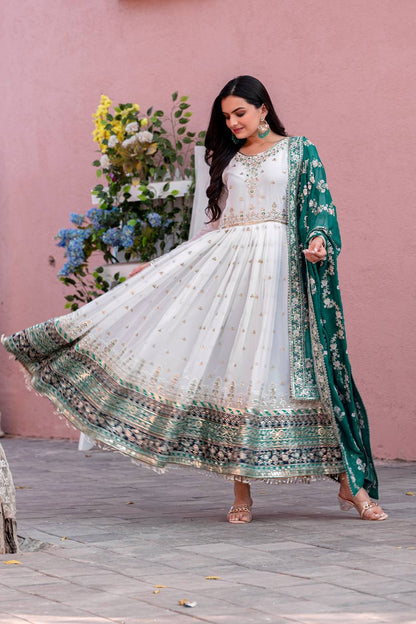 Heavy Faux Georgette Gown,Dupatta & Bottom Set single available wholesale