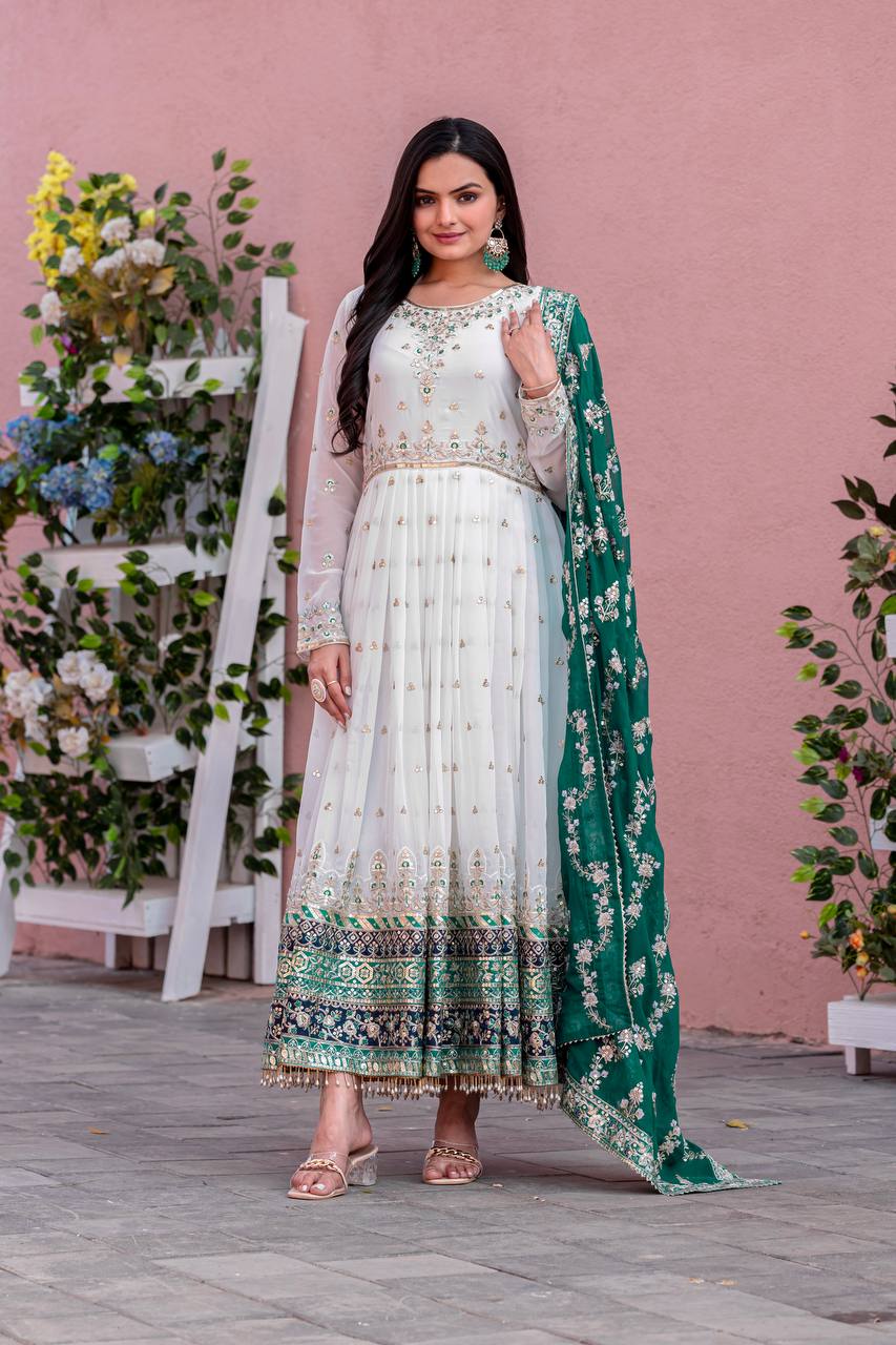 Heavy Faux Georgette Gown,Dupatta & Bottom Set single available wholesale