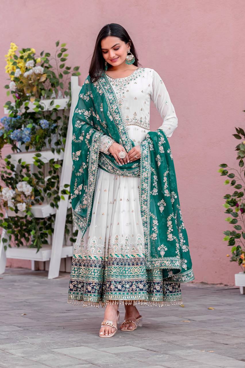 Heavy Faux Georgette Gown,Dupatta & Bottom Set single available wholesale