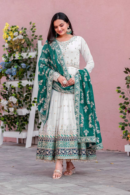 Heavy Faux Georgette Gown,Dupatta & Bottom Set single available wholesale