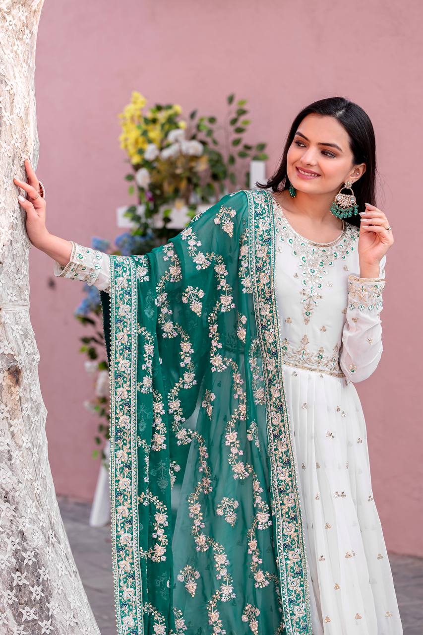 Heavy Faux Georgette Gown,Dupatta & Bottom Set single available wholesale