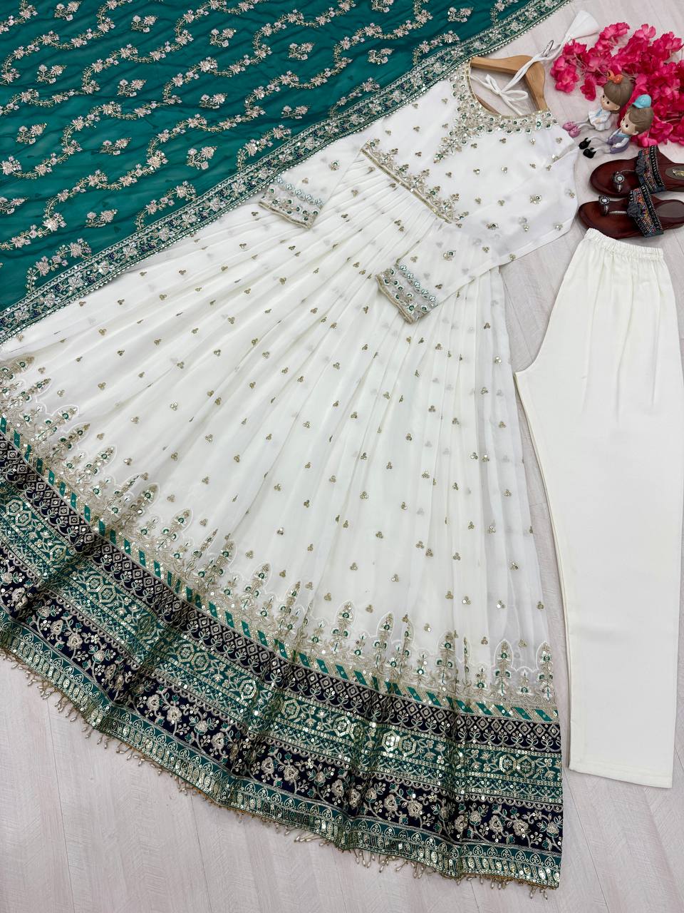 Heavy Faux Georgette Gown,Dupatta & Bottom Set single available wholesale