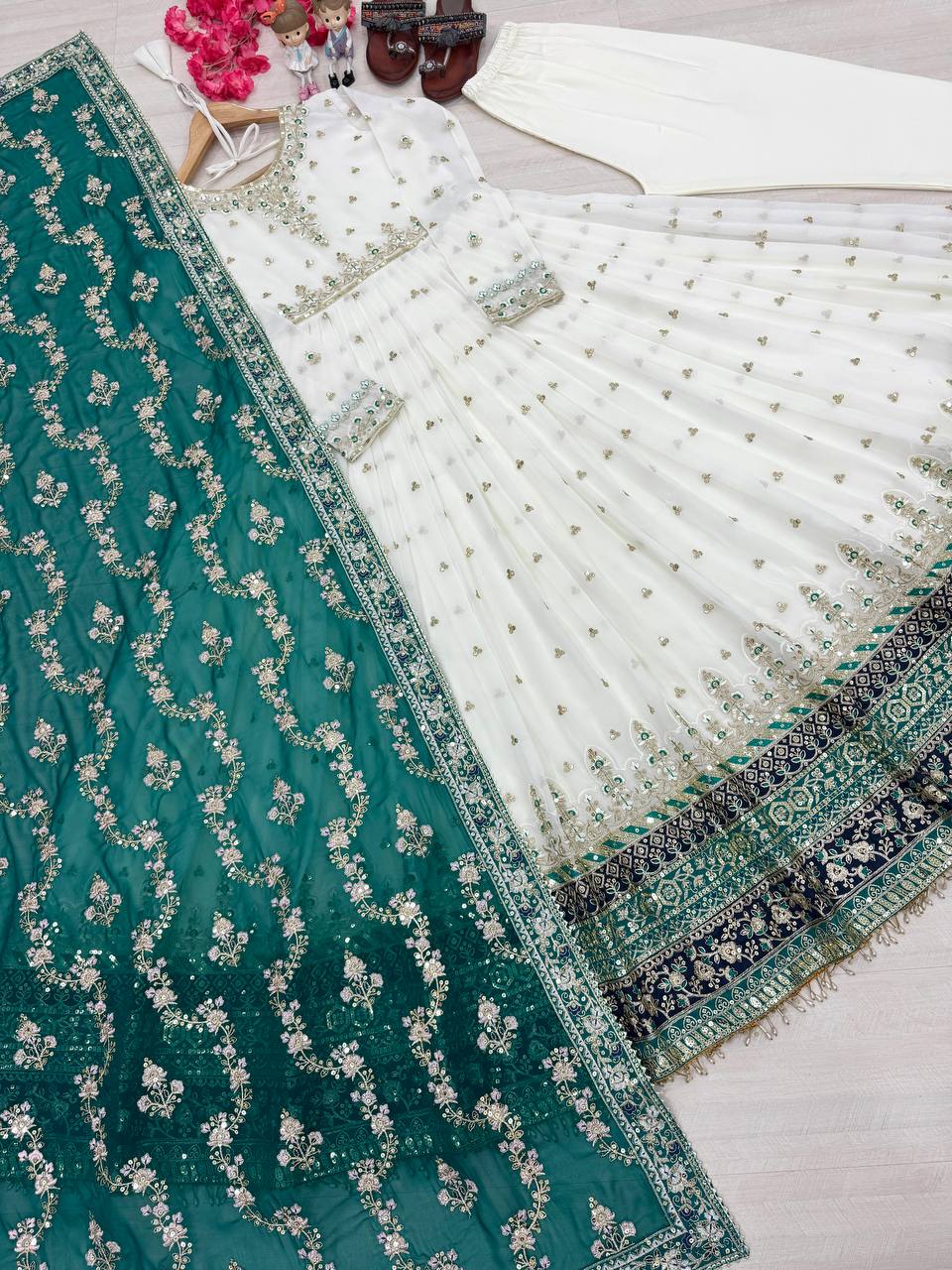 Heavy Faux Georgette Gown,Dupatta & Bottom Set single available wholesale
