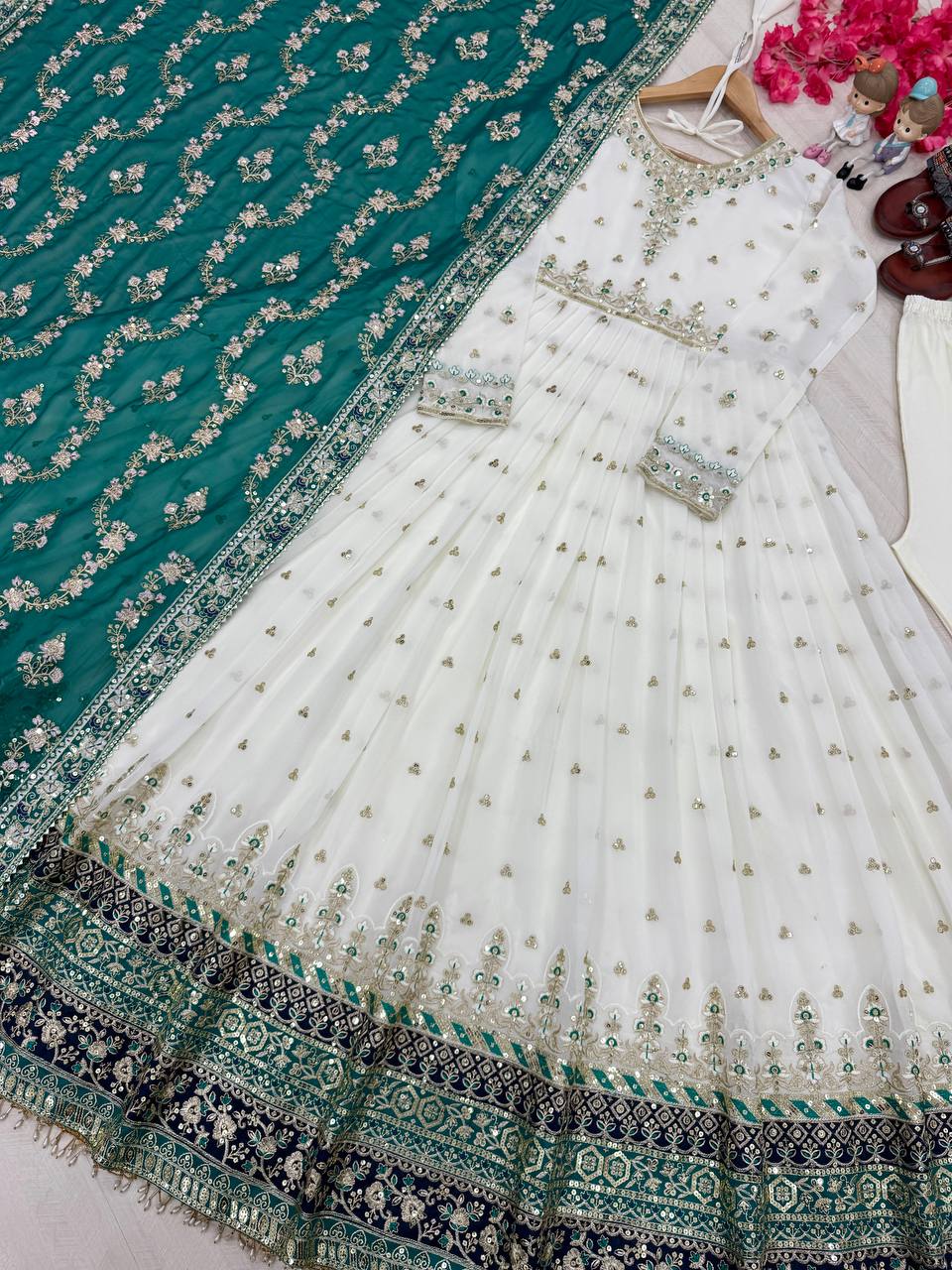 Heavy Faux Georgette Gown,Dupatta & Bottom Set single available wholesale