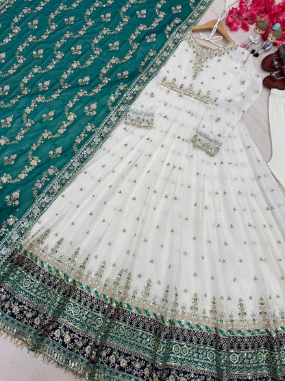 Heavy Faux Georgette Gown,Dupatta & Bottom Set single available wholesale