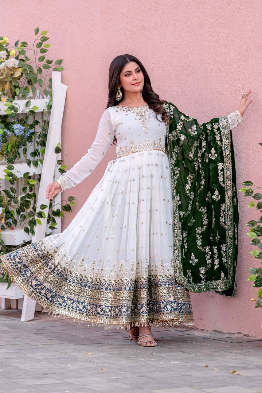 Heavy Faux Georgette Gown,Dupatta & Bottom Set single available wholesale