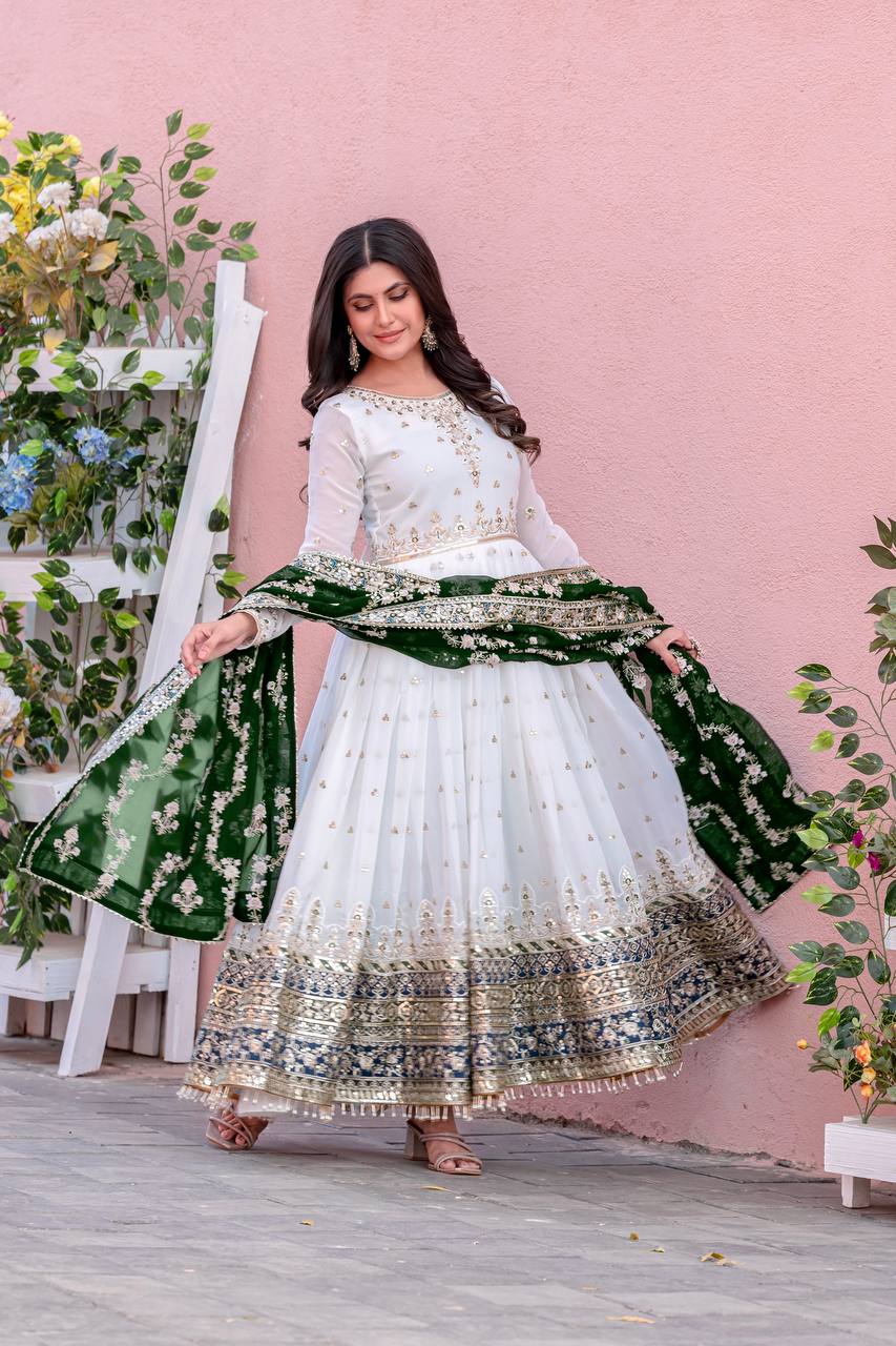 Heavy Faux Georgette Gown,Dupatta & Bottom Set single available wholesale