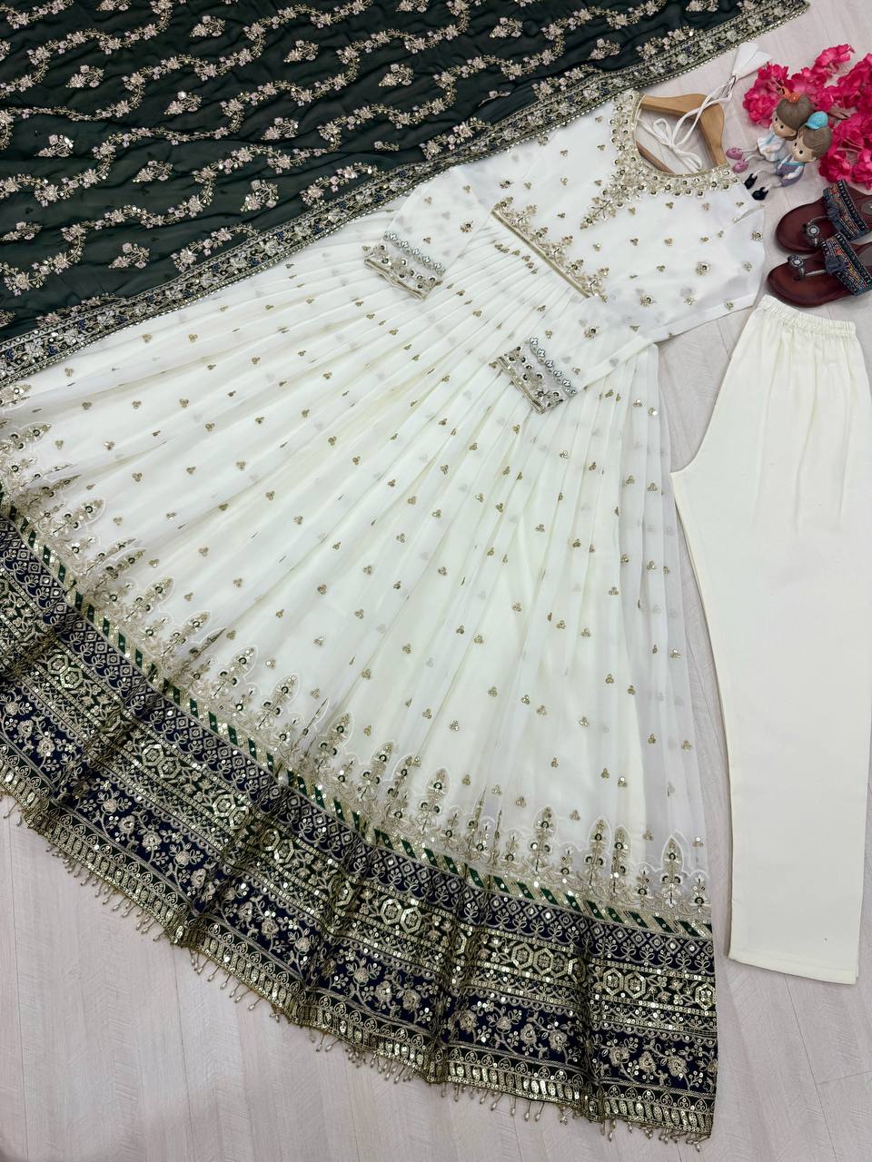 Heavy Faux Georgette Gown,Dupatta & Bottom Set single available wholesale
