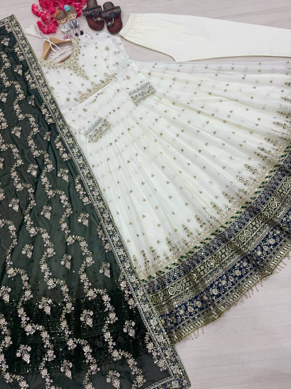 Heavy Faux Georgette Gown,Dupatta & Bottom Set single available wholesale