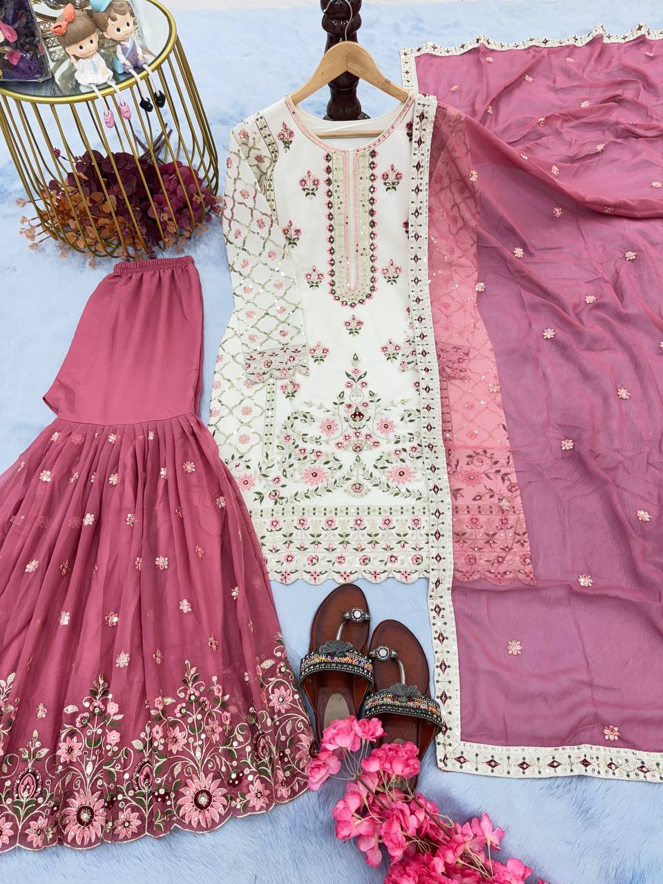 desiger Party Wear Look Heavy Faux Georgette Top Plazzo & Dupatta Set