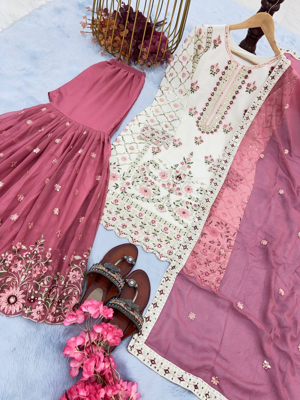 desiger Party Wear Look Heavy Faux Georgette Top Plazzo & Dupatta Set
