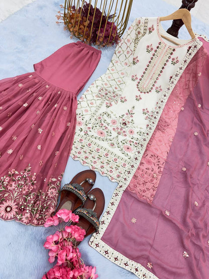 desiger Party Wear Look Heavy Faux Georgette Top Plazzo & Dupatta Set