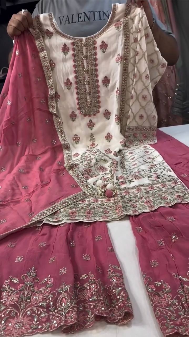 desiger Party Wear Look Heavy Faux Georgette Top Plazzo & Dupatta Set