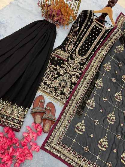 Đěsigner Party Wear Look Pur Heavy Faux Georgette Top Plazzo & Dupatta Set single available wholesale