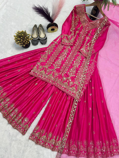 Designer Party Wear Look Top-Plazzo and Dupatta With Heavy Embroidery Work single available wholesale