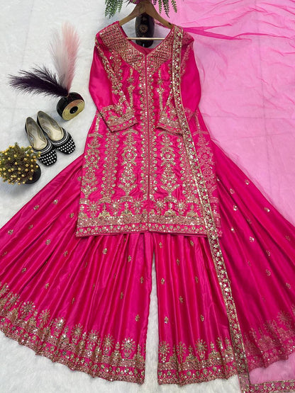 Designer Party Wear Look Top-Plazzo and Dupatta With Heavy Embroidery Work single available wholesale