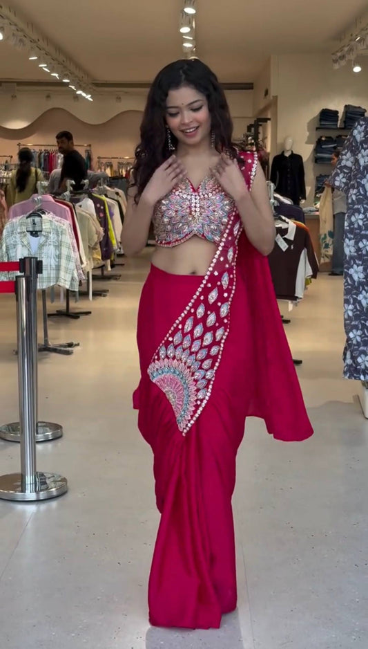 NEW SUPERHIT TRENDING READY TO WEAR SAREE WITH FULLY EMBROIDERED SEMI-BEADS STYLIST BLOUSE ON  FAUX GEORGETTE FABRIC