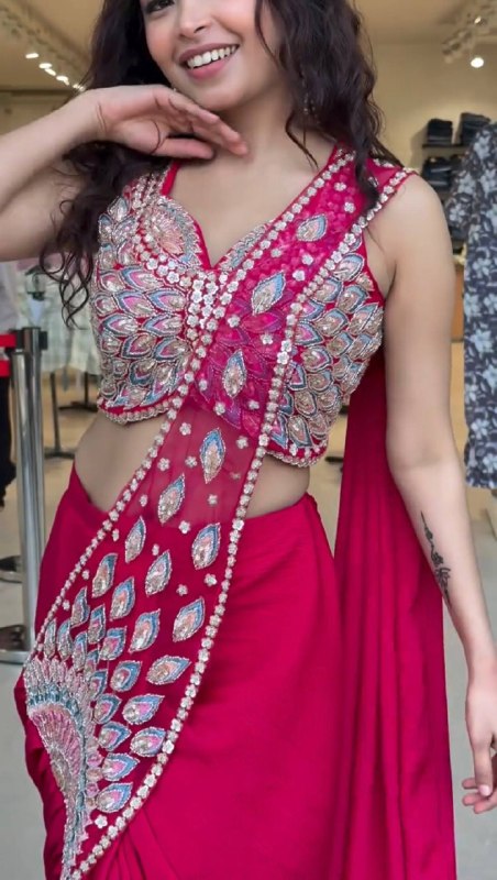 NEW SUPERHIT TRENDING READY TO WEAR SAREE WITH FULLY EMBROIDERED SEMI-BEADS STYLIST BLOUSE ON  FAUX GEORGETTE FABRIC