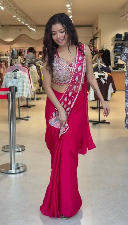 NEW SUPERHIT TRENDING READY TO WEAR SAREE WITH FULLY EMBROIDERED SEMI-BEADS STYLIST BLOUSE ON  FAUX GEORGETTE FABRIC