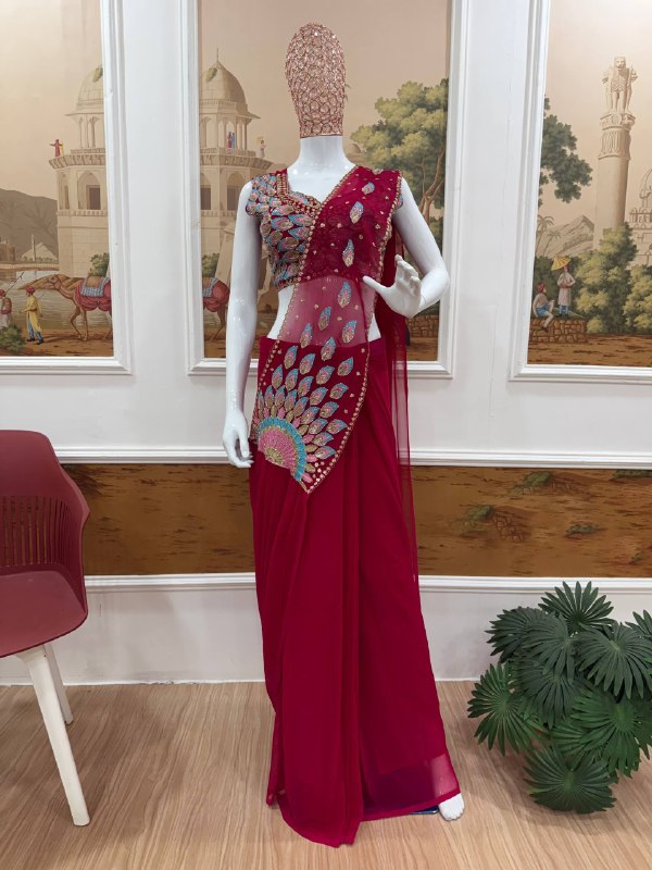 NEW SUPERHIT TRENDING READY TO WEAR SAREE WITH FULLY EMBROIDERED SEMI-BEADS STYLIST BLOUSE ON  FAUX GEORGETTE FABRIC