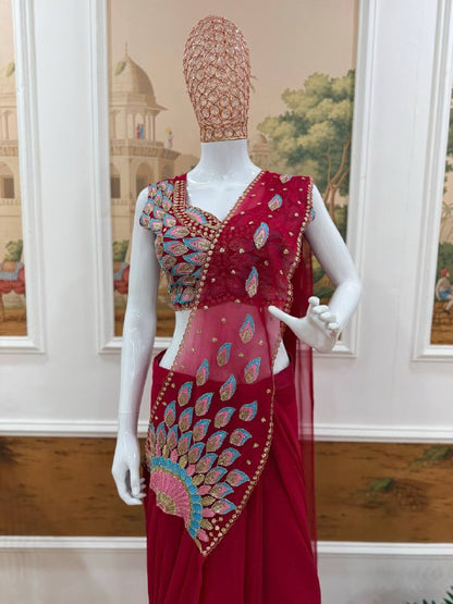 NEW SUPERHIT TRENDING READY TO WEAR SAREE WITH FULLY EMBROIDERED SEMI-BEADS STYLIST BLOUSE ON  FAUX GEORGETTE FABRIC