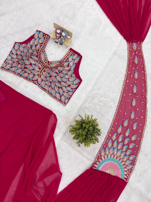 NEW SUPERHIT TRENDING READY TO WEAR SAREE WITH FULLY EMBROIDERED SEMI-BEADS STYLIST BLOUSE ON  FAUX GEORGETTE FABRIC