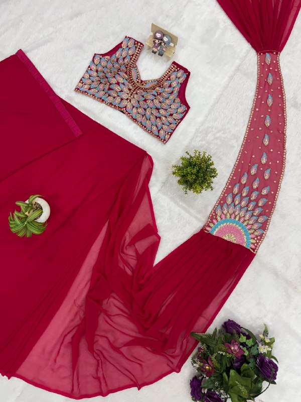 NEW SUPERHIT TRENDING READY TO WEAR SAREE WITH FULLY EMBROIDERED SEMI-BEADS STYLIST BLOUSE ON  FAUX GEORGETTE FABRIC