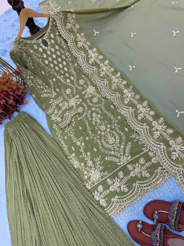 Đěsigner Party Wear Look Pur Heavy Faux Georgette Top Plazzo & Dupatta Set