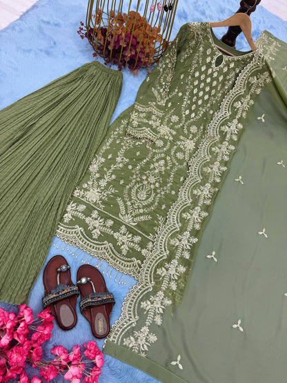 Đěsigner Party Wear Look Pur Heavy Faux Georgette Top Plazzo & Dupatta Set