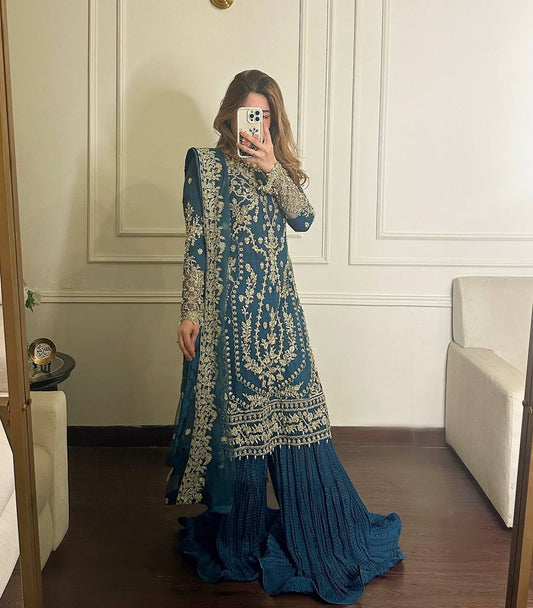 Đěsigner Party Wear Look Pur Heavy Faux Georgette Top Plazzo & Dupatta Set single available wholesale