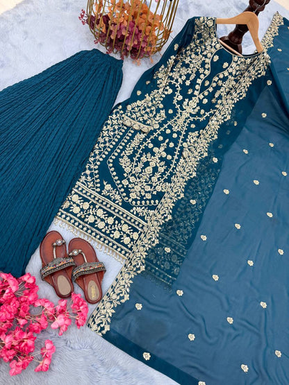 Đěsigner Party Wear Look Pur Heavy Faux Georgette Top Plazzo & Dupatta Set single available wholesale