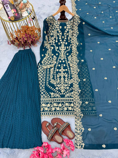 Đěsigner Party Wear Look Pur Heavy Faux Georgette Top Plazzo & Dupatta Set single available wholesale