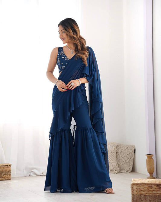 Ready to Wear Sharara saree with timeless addition for the upcoming festivities and weddings* *READY TO WEAR SHARARA SAREE WITH FULL STTICHED BLOUSE PREMIUM FOX GEORGETTE FABRIC