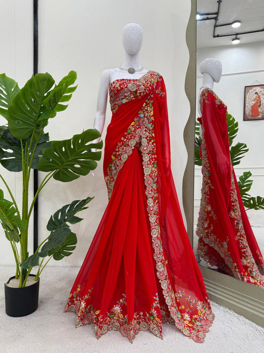 Looking some one for this same colour beautiful Designer Saree on Faux Georgette Febric with Thred & Sequnce work and blouse on also Faux Georgette Febric with Thred & Sequnce work.